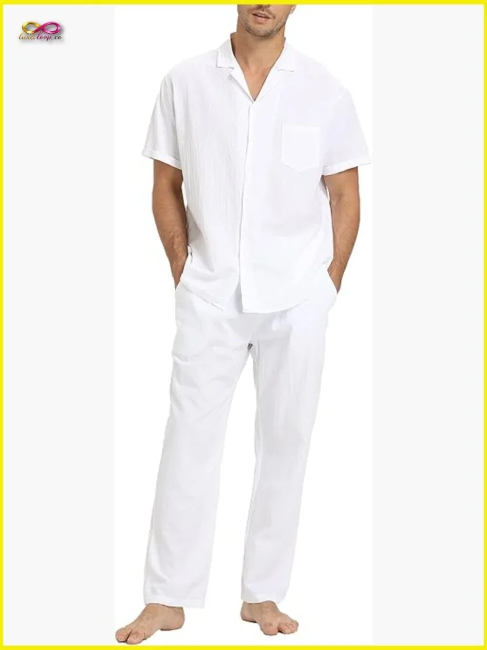 Men's Linen Suit Set Short Sleeve Shirt Yoga Pants Casual Beach Wedding Outfit